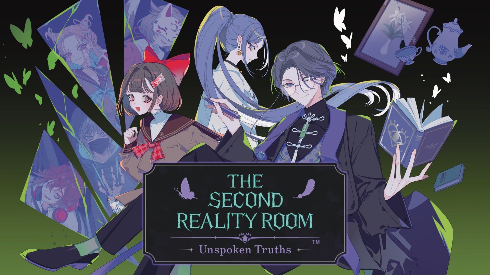 Cover art for 'The Second Reality Room: Unspoken Truths' showing four anime-style characters in dynamic poses with floating butterflies, an open book, and teacup motifs against a dark gradient background.
