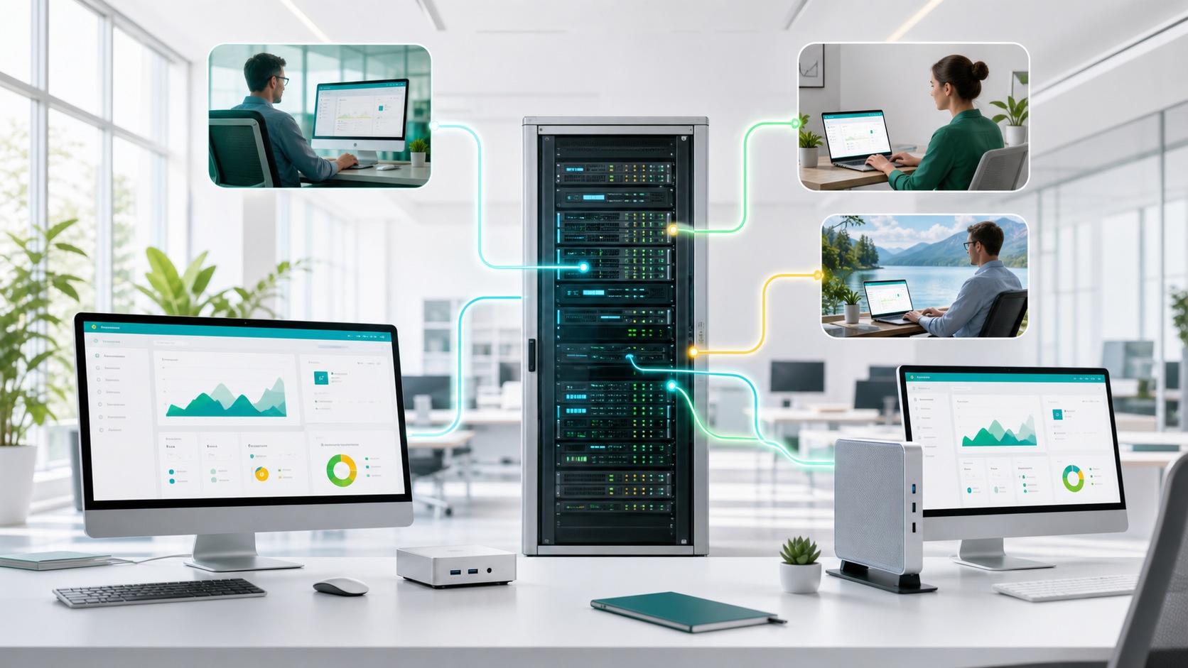 Central server rack connected by colored lines to multiple workstations and laptops, illustrating a connected IT infrastructure.