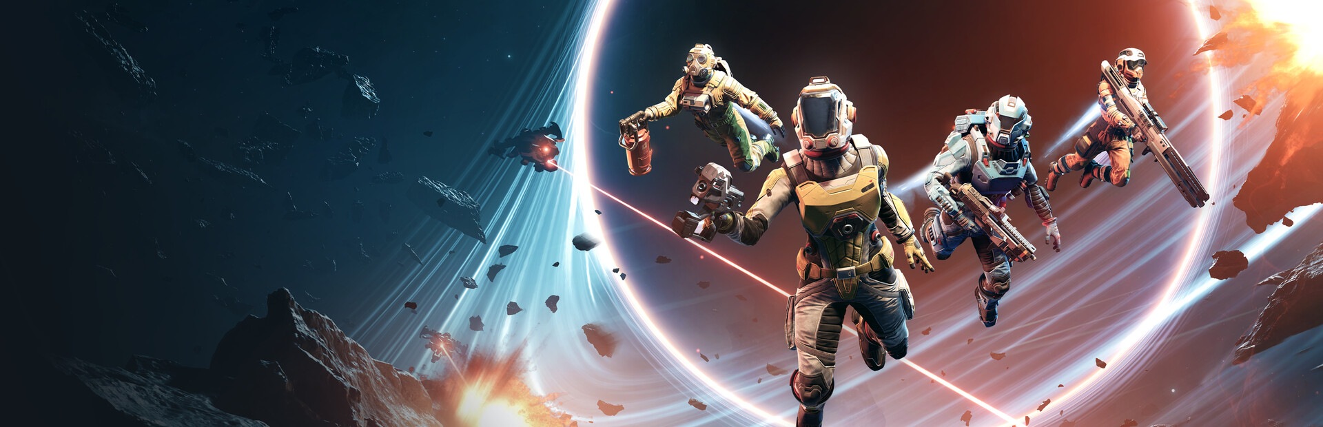 Futuristic space marines in armor sprint through a bright cosmic ring, weapons drawn, in a space battle scene.