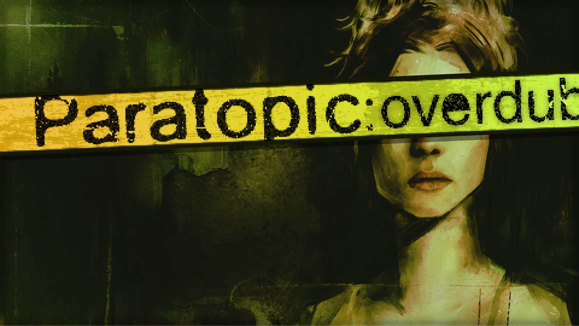Stylized portrait of a woman with a yellow censorship tape across her eyes reading 'Paratopic: overdrive' (or similar), conveying a dark, dystopian mood.