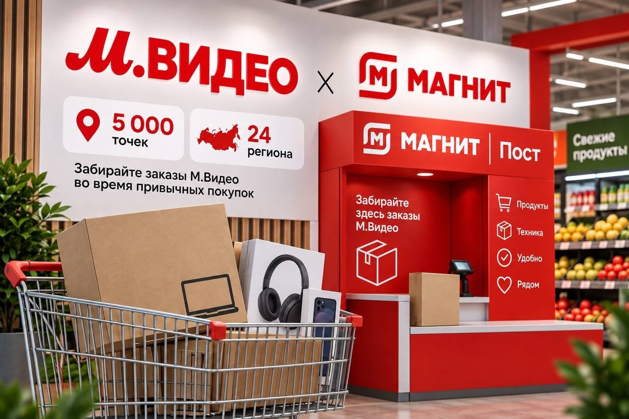 Promotional display for M.Video and Magnit with a pickup kiosk and a cart full of boxes in a supermarket setting.