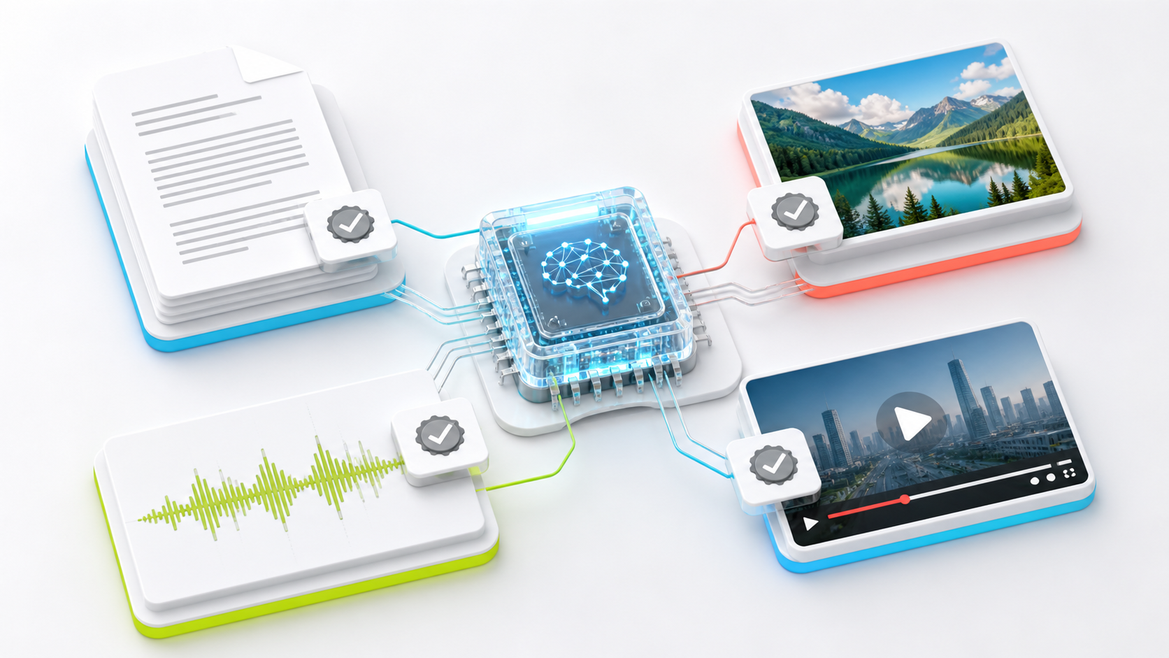 AI-powered data hub connects documents, media, and visuals via a glowing central microchip.
