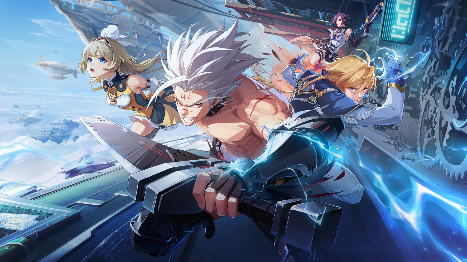 Three armored fighters sprint through a neon-futuristic cityscape, wielding swords and guns as blue energy swirls around them.
