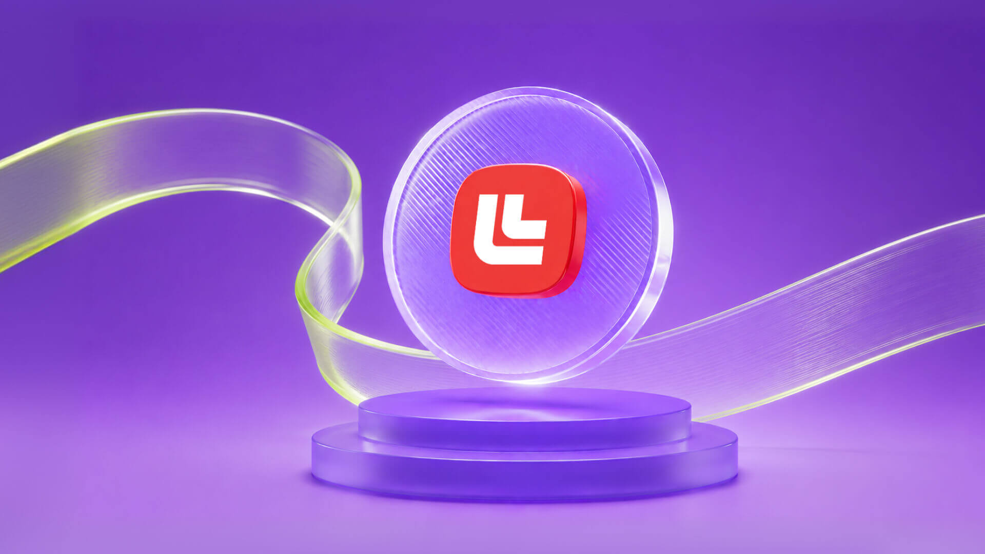 Red rounded-square app icon with a white stylized 'L' hovering on a glowing purple orb, with abstract ribbon shapes in purple and yellow in the background.