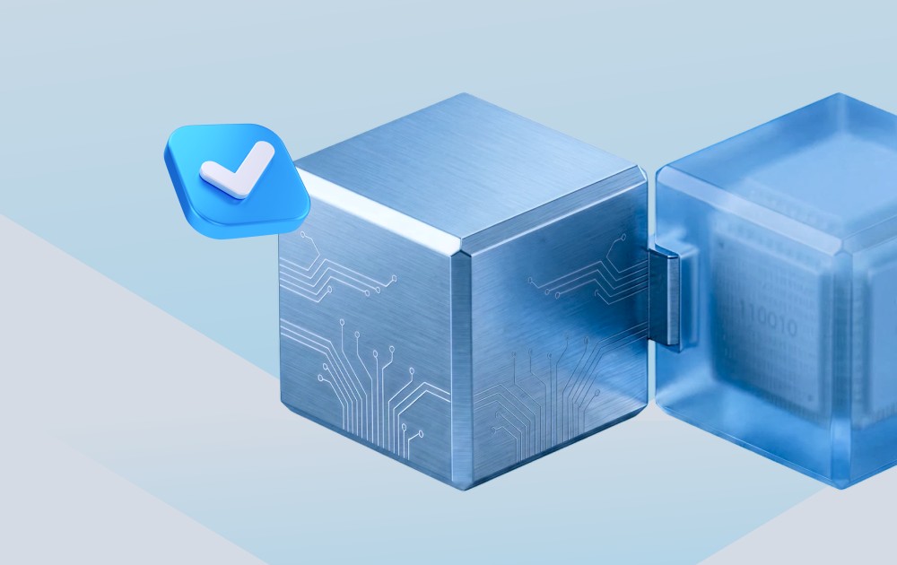 Blue checkmark badge next to a metallic circuit-pattern cube, symbolizing verified tech hardware or quality assurance in a digital/secure system.