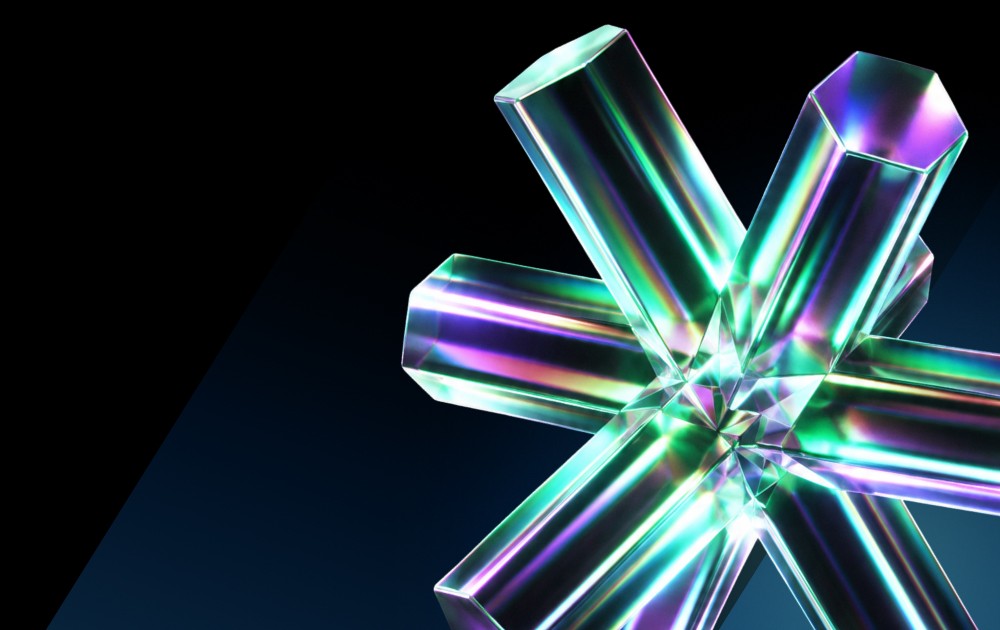 Iridescent crystal cross sculpture glowing with rainbow colors against a dark background, an abstract glass art piece.