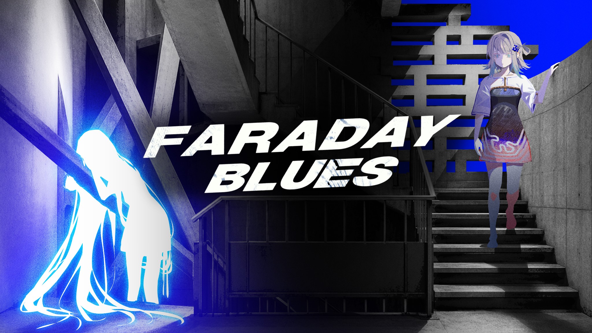Bold, stylized banner in grayscale with bright blue accents, reading 'PARA DAY BLUES' across a stairwell scene and an anime-style character on the right.