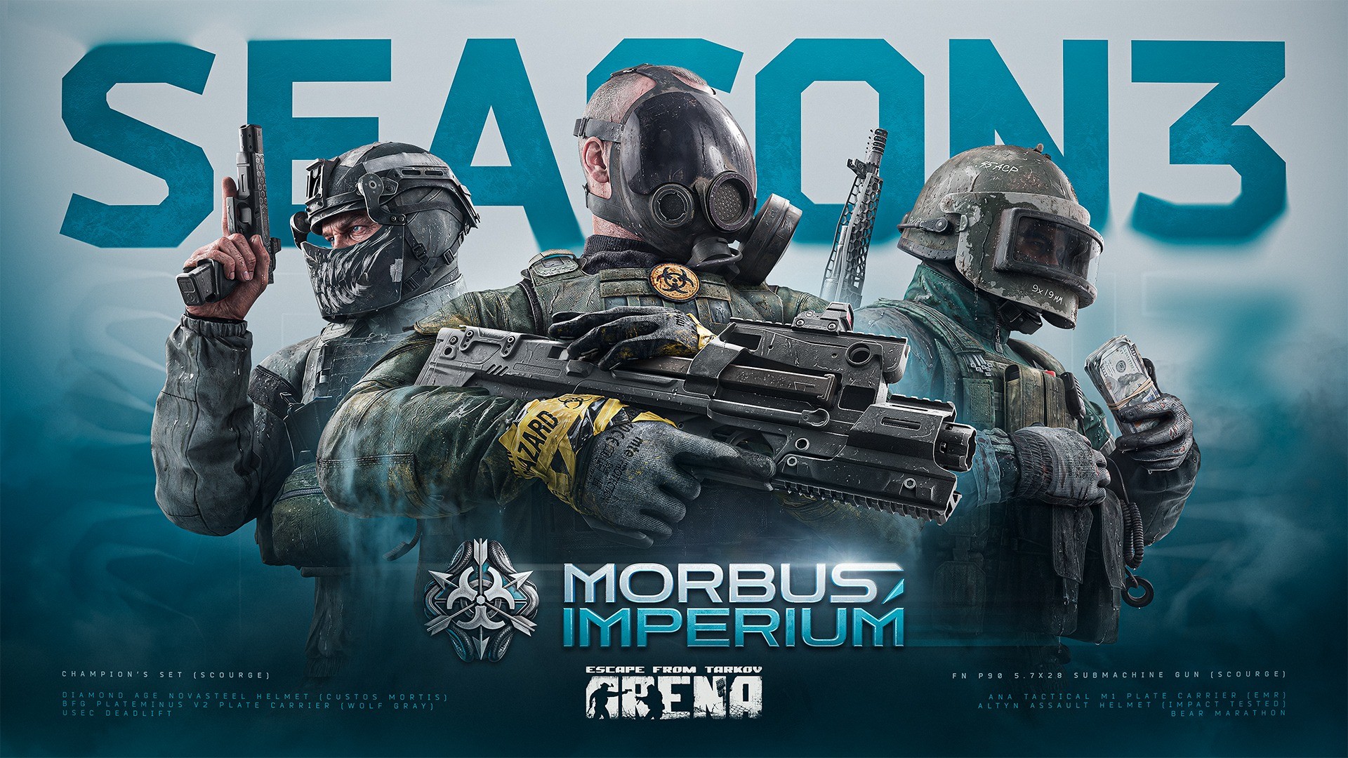 Three armored soldiers in tactical gear, central figure wearing a gas mask, holding a large rifle, with 'SEAZONES' blue background text behind them (game poster).