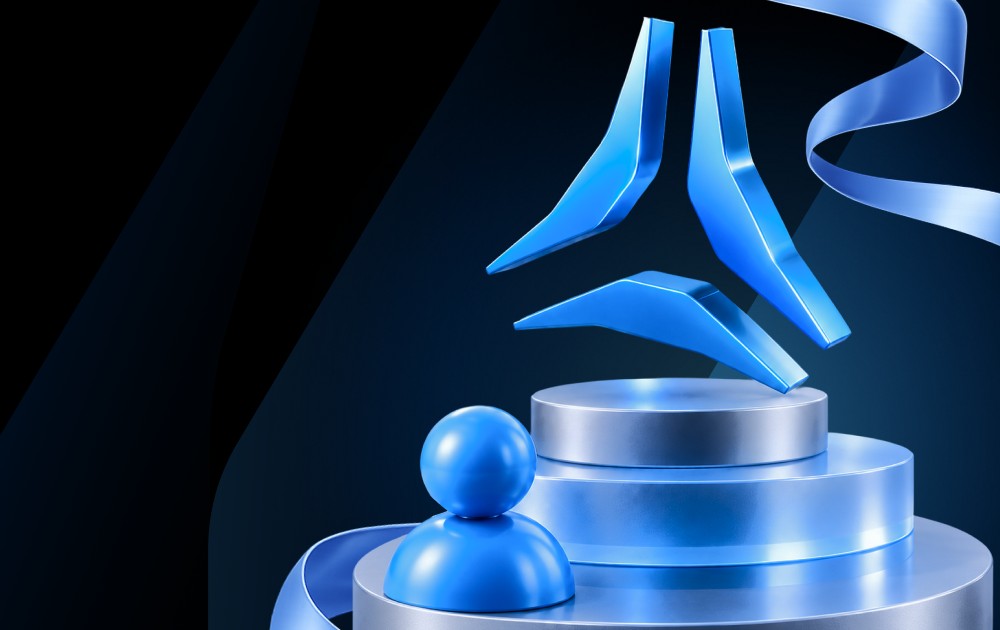 Blue award trophy with a ribbon-wrapped top and a spherical blue figure on a stepped pedestal, signaling achievement.