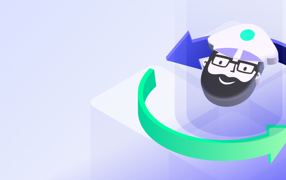 3D illustration of a bearded man with glasses and captain's hat inside a translucent cube, with a green curved rotation arrow.