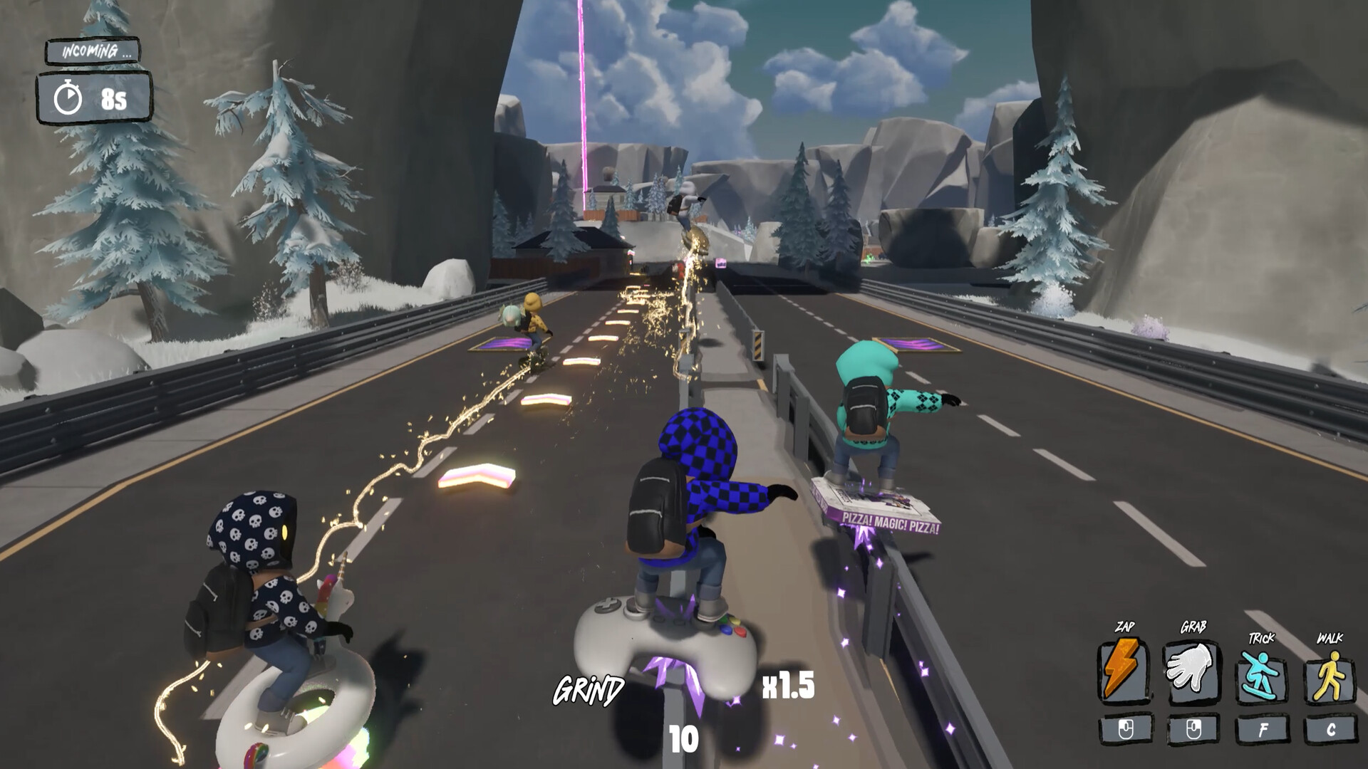 Avatar-style riders perform tricks on hoverboards racing down a snowy mountain road with spark trails and purple energy streaks in the distance.