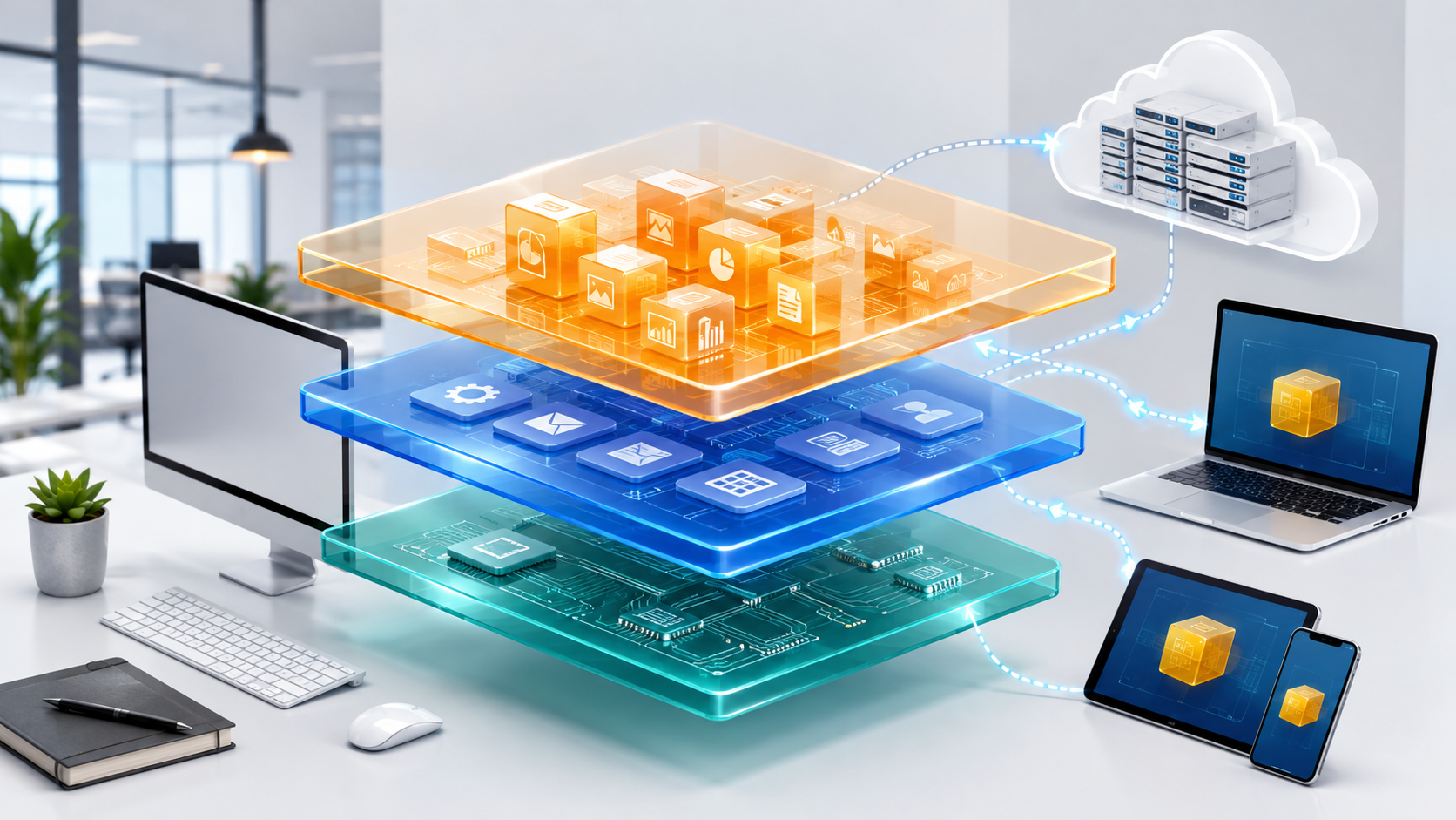 Layered holographic data blocks in orange, blue, and teal representing apps, processing, and cloud storage connected to servers and devices.