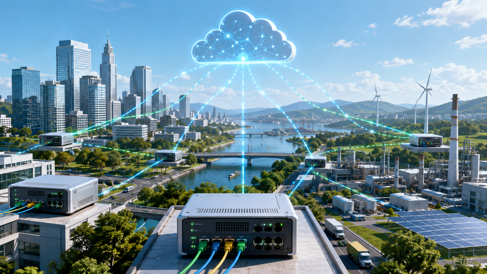 Cloud-based network illustration: neon blue lines connect hubs to a glowing cloud above a cityscape with buildings, river, and wind turbines.