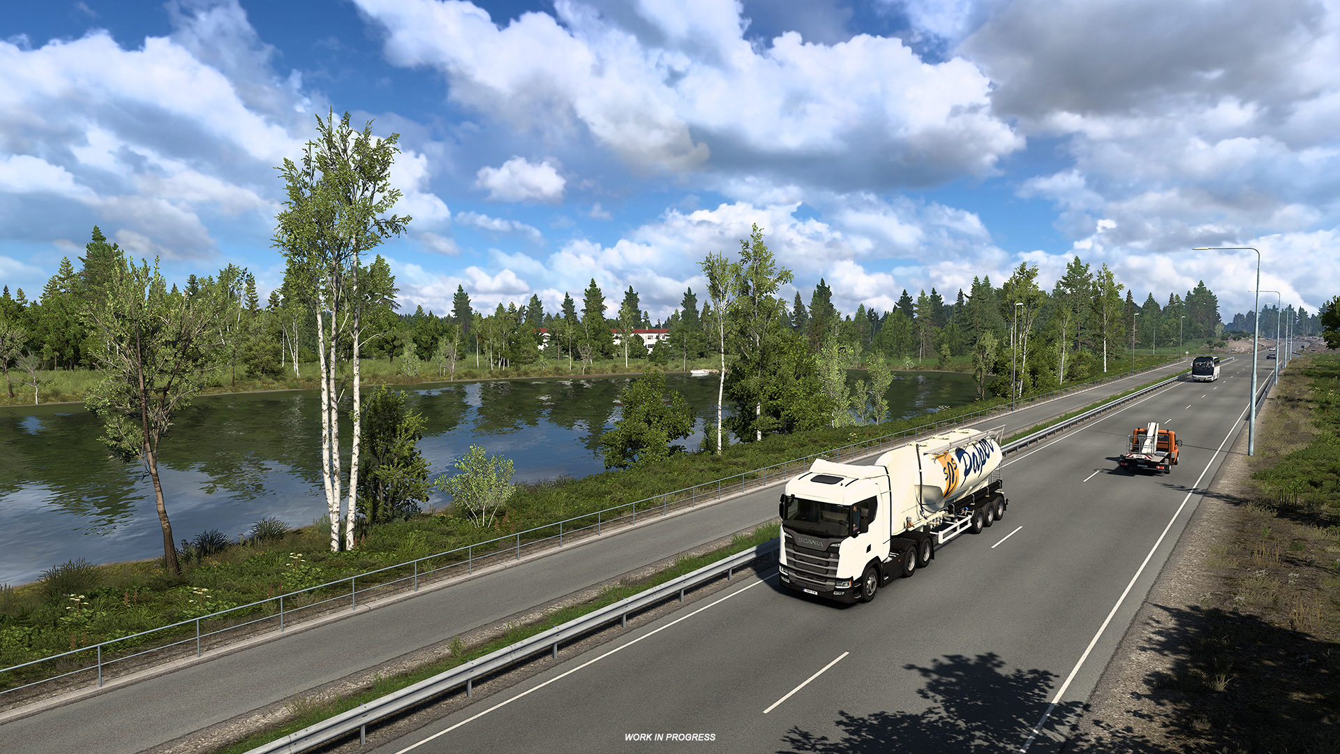 Conifer forest and rocky lakeshore represented in ETS2