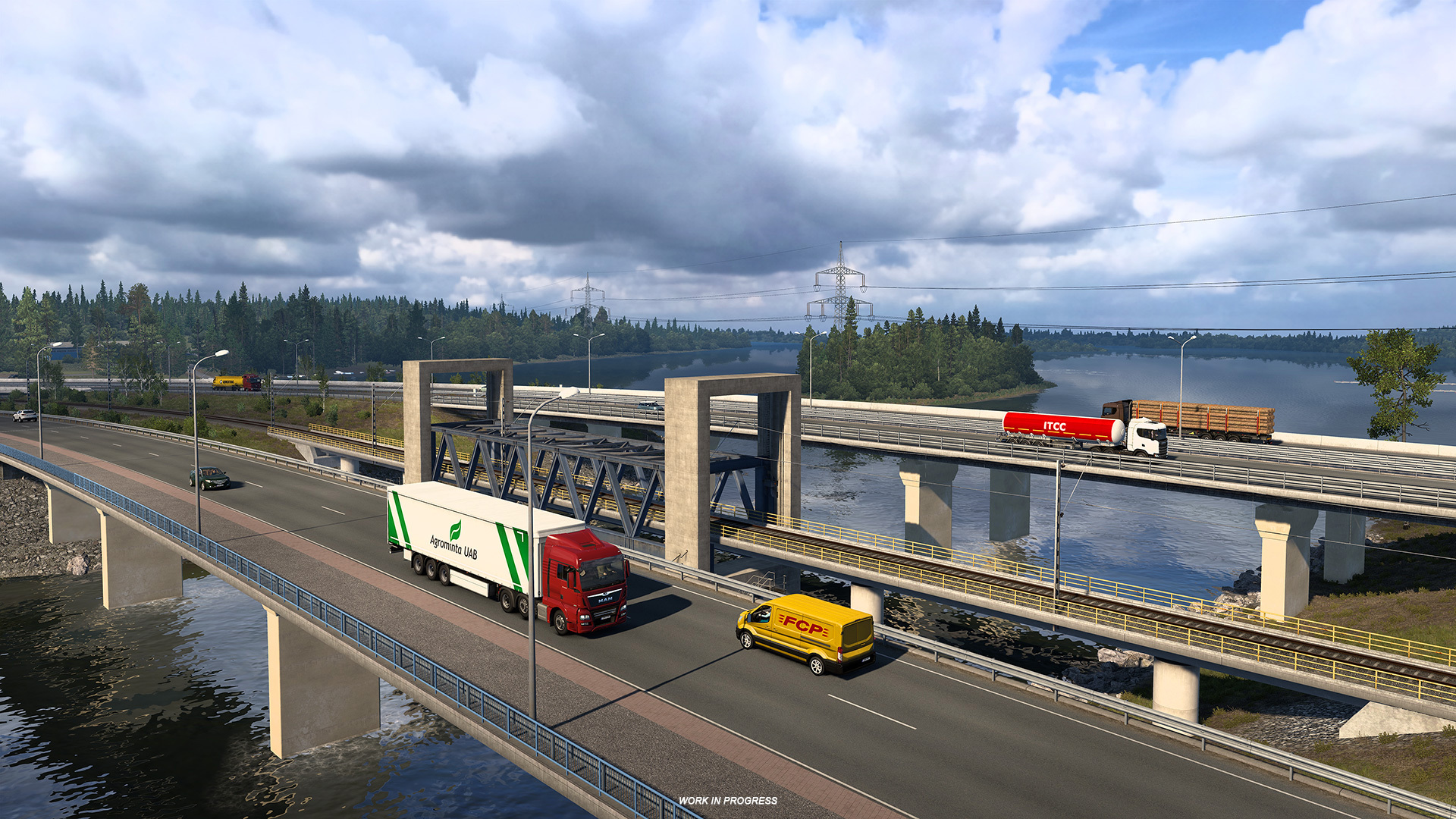 Truck crossing Finland’s lake landscape in Nordic Horizons