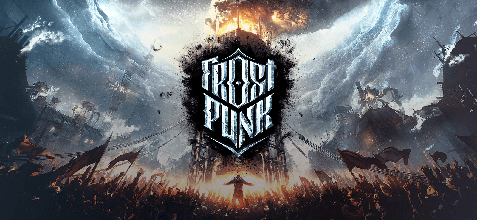 Город и генератор в Frostpunk во время снежной бури