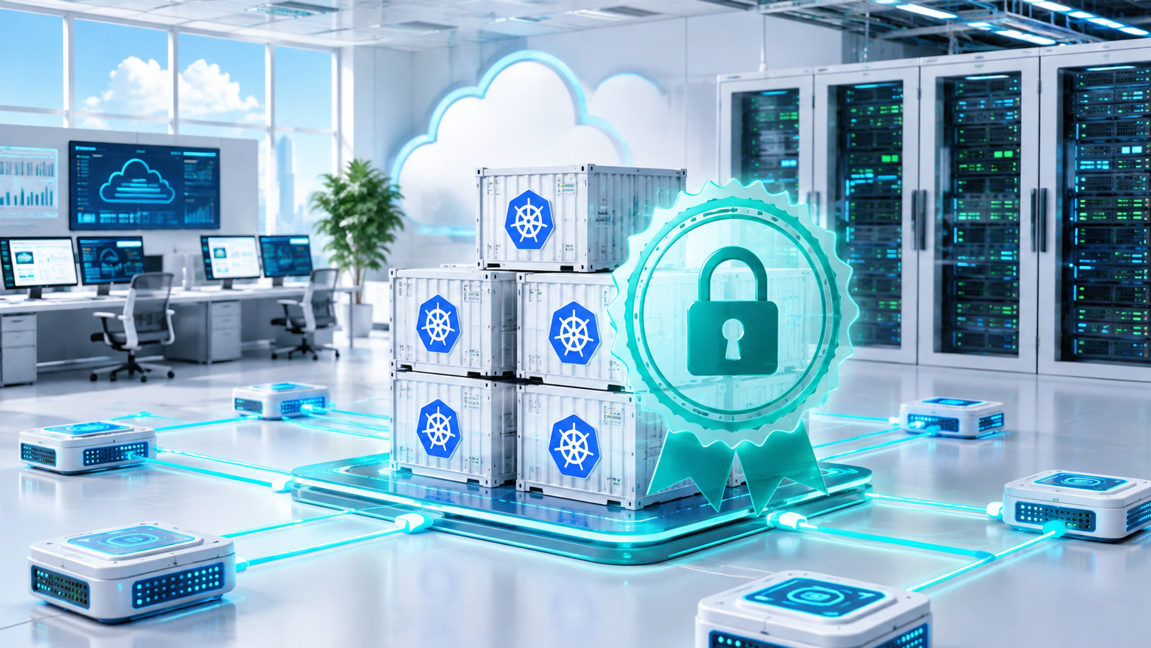 Data center with stacked crates labeled with Kubernetes icons, connected by glowing blue network lines to a central secure badge symbolizing cloud security.