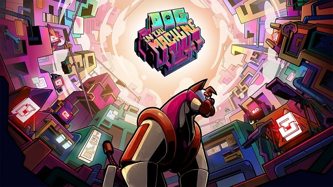 Colorful futuristic game cover art: a humanoid robot stands in a neon-lit, cube-based city looking toward a glowing logo at the sky center.