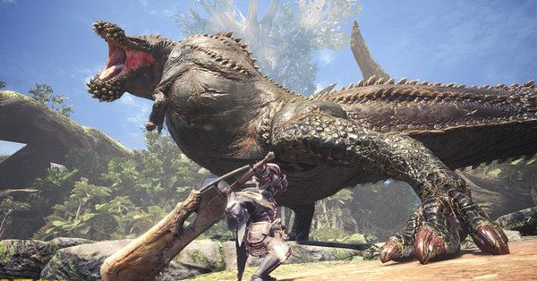 Deviljho facing a hunter in Monster Hunter World