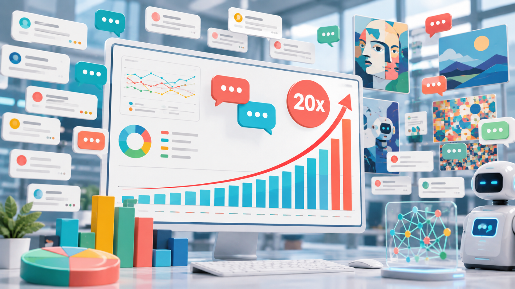 Dashboard on a large monitor showing rising charts and chat bubbles, symbolizing rapid online growth and engagement