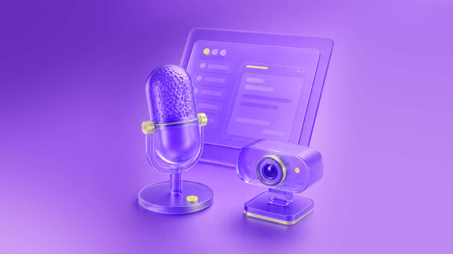Purple vintage-style microphone on a stand with a translucent tablet screen in the background, glowing purple lighting for a tech podcast scene