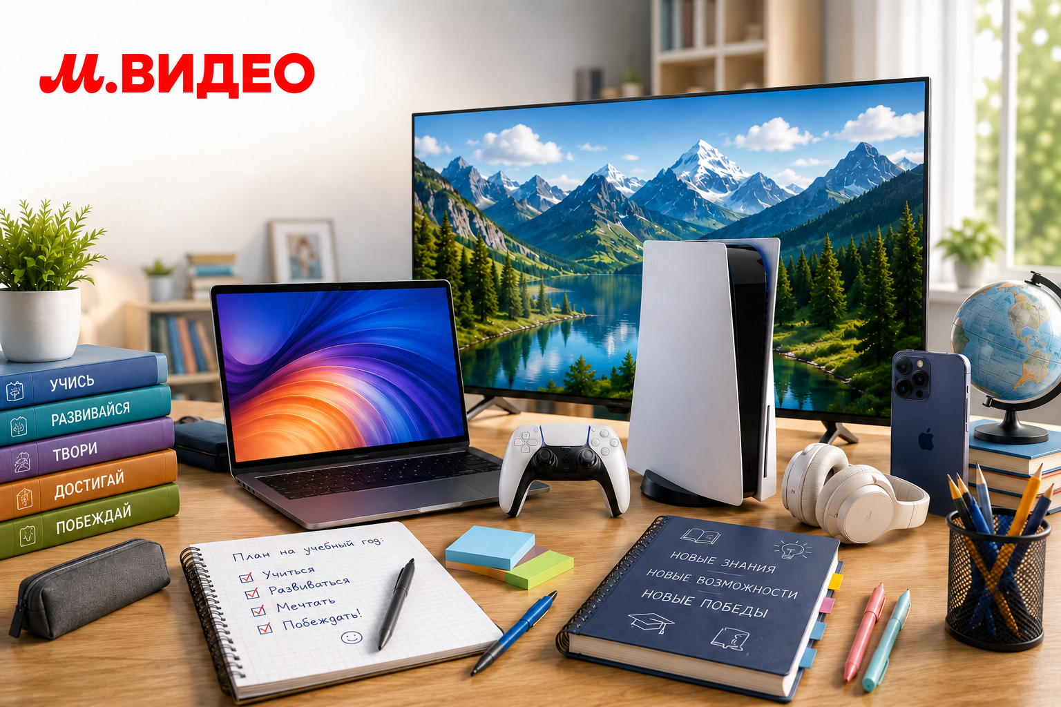 Desk setup with multiple devices and a red м.видео logo in the top left corner; laptop, monitor, PlayStation-style controller, headset, iPhone, globe, and notebooks on a wooden desk.