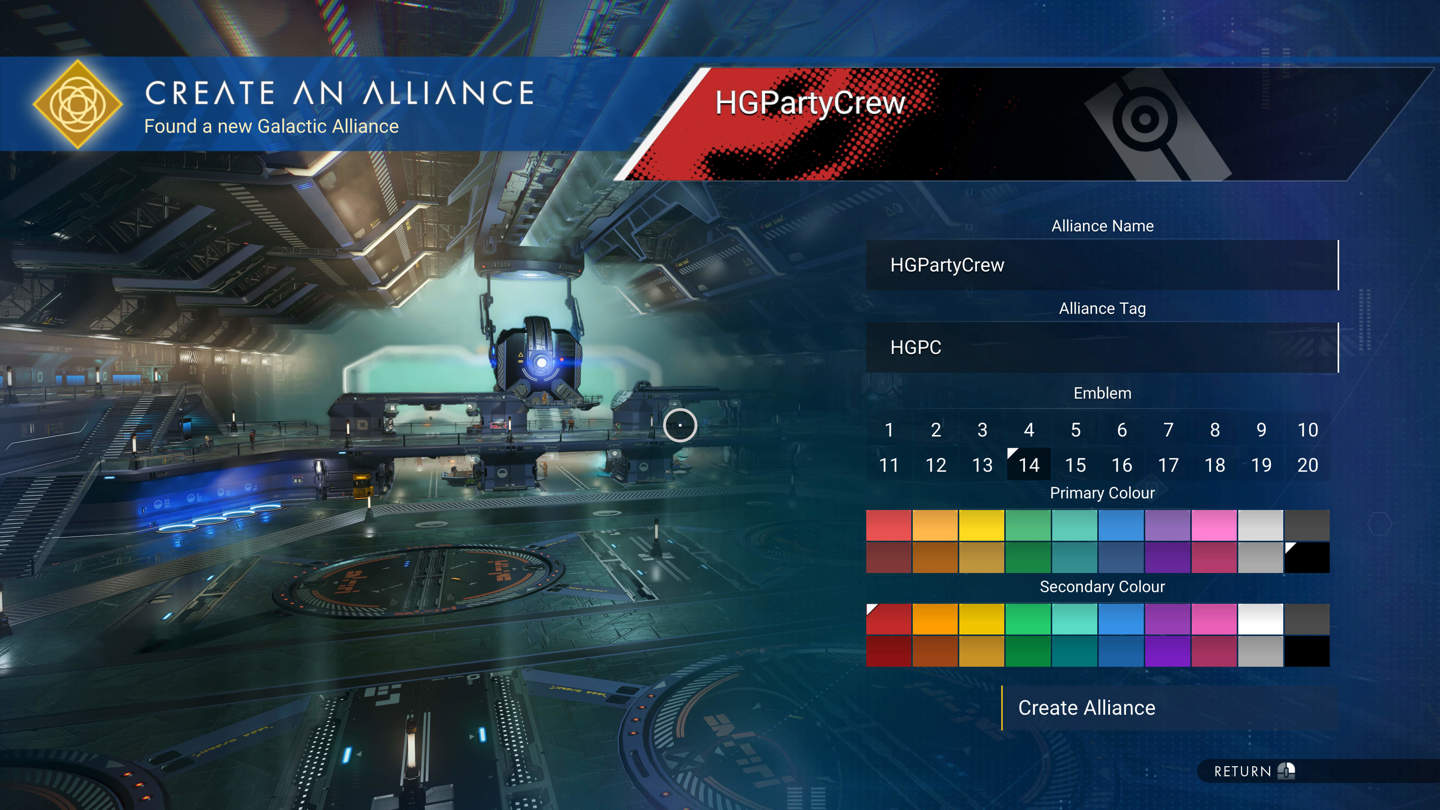 Alliance creation screen with a name, emblem and colour options