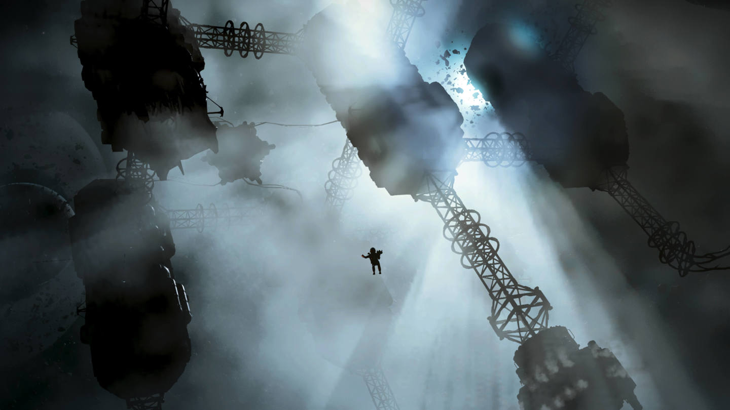 Traveller spacewalking among the remains of a massive derelict ship