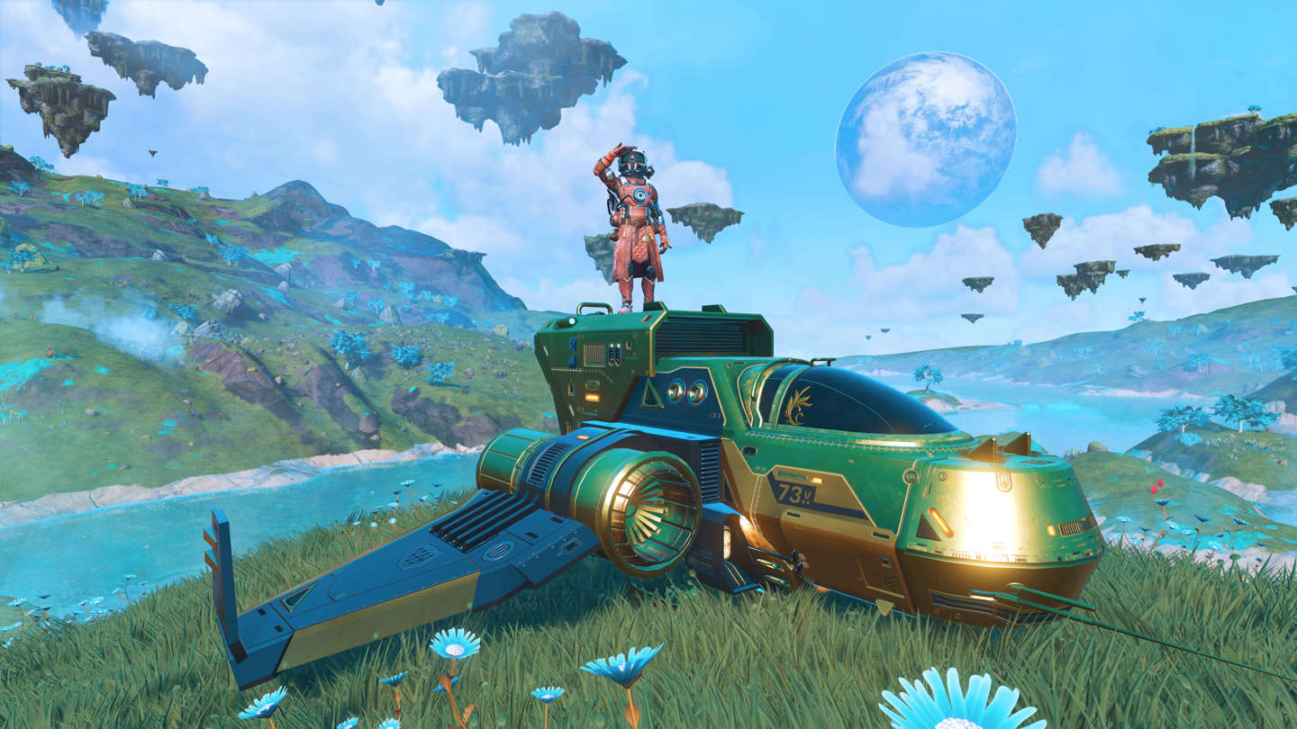 Traveller standing on a golden Rasamama S36 starship beneath floating islands
