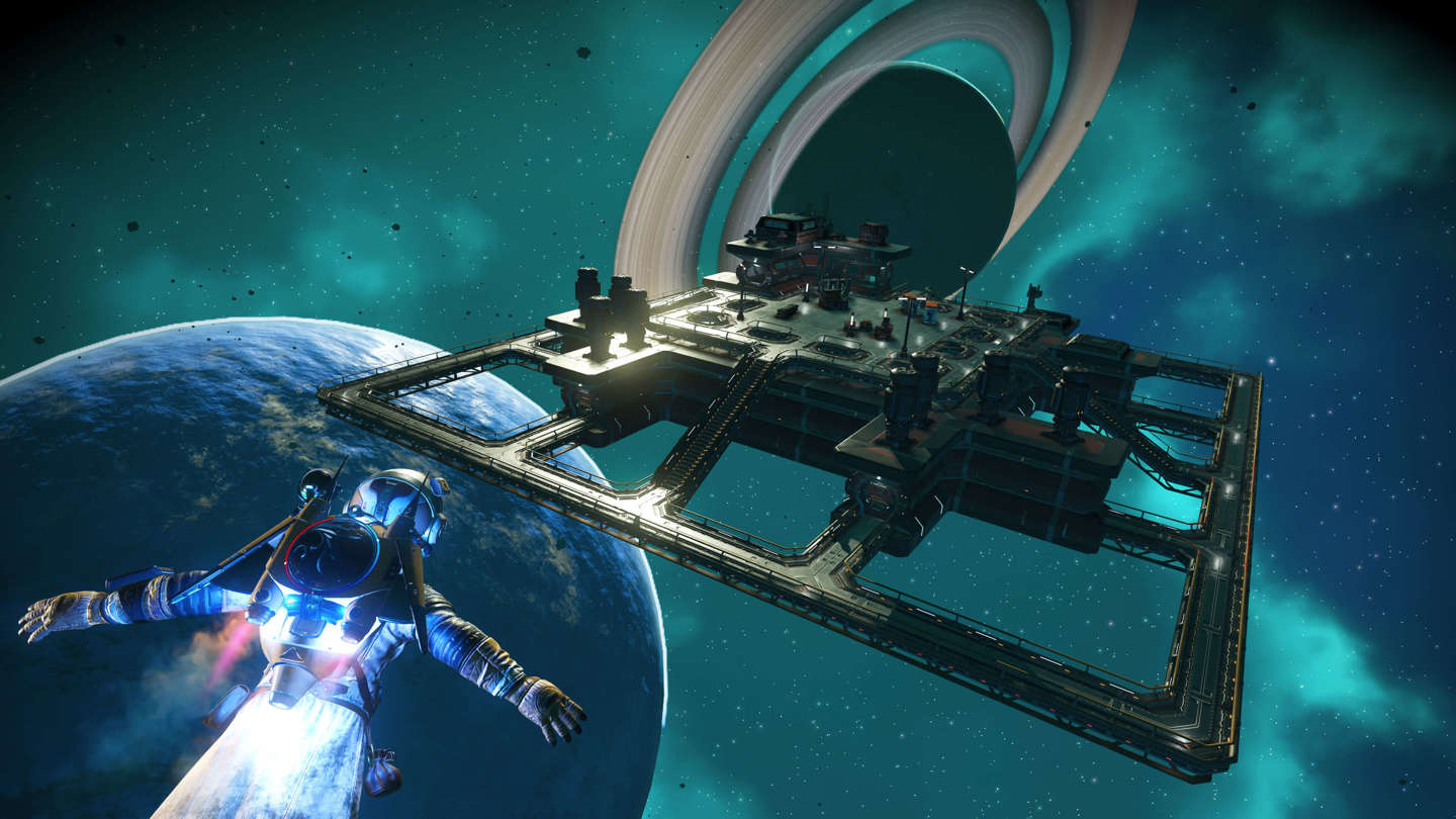 Traveller approaching an orbital base above planets in No Man’s Sky Cosmos