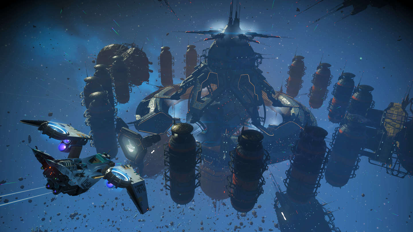 Starship approaching a decorated space station in No Man’s Sky Cosmos