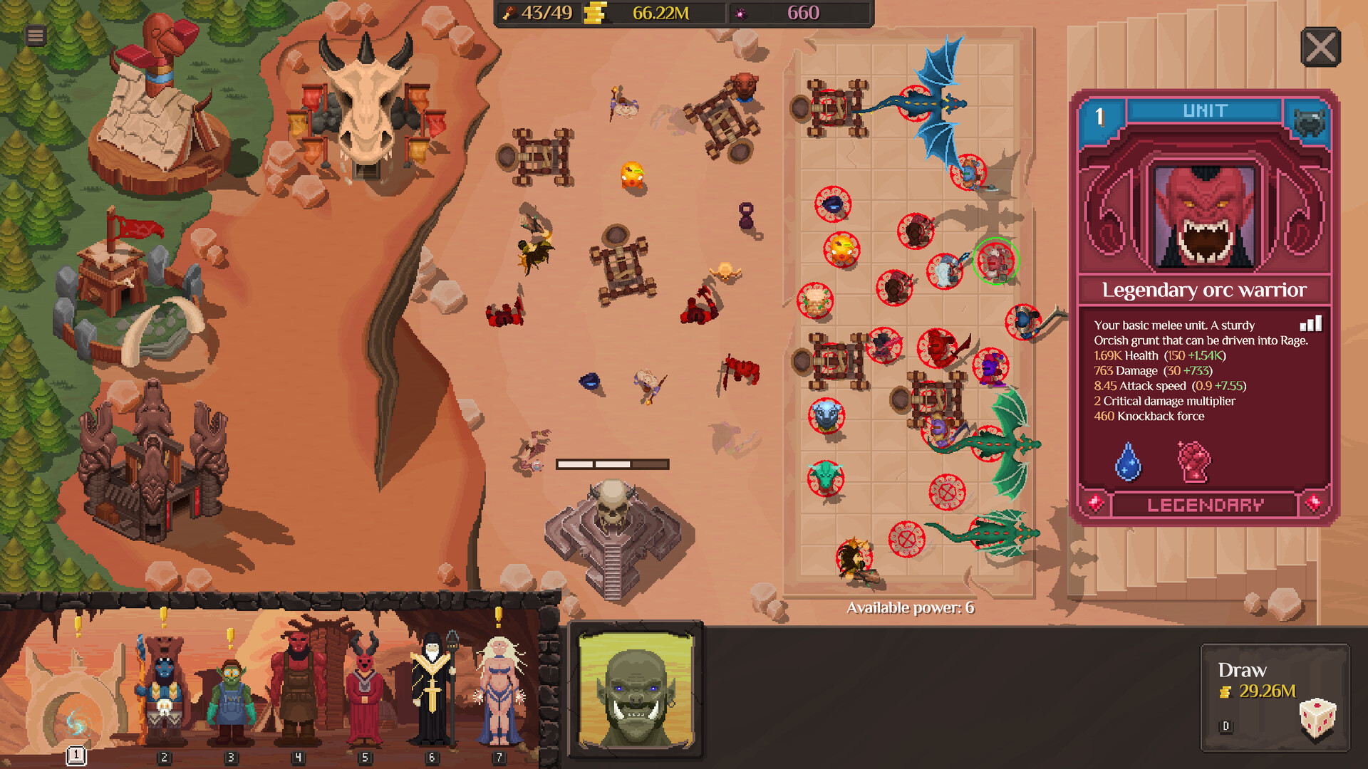 Top-down fantasy strategy screenshot showing a battlefield with siege devices, dragons, and a grid map; on the right a unit info panel titled 'Legendary orc warrior' displaying stats and a card image.