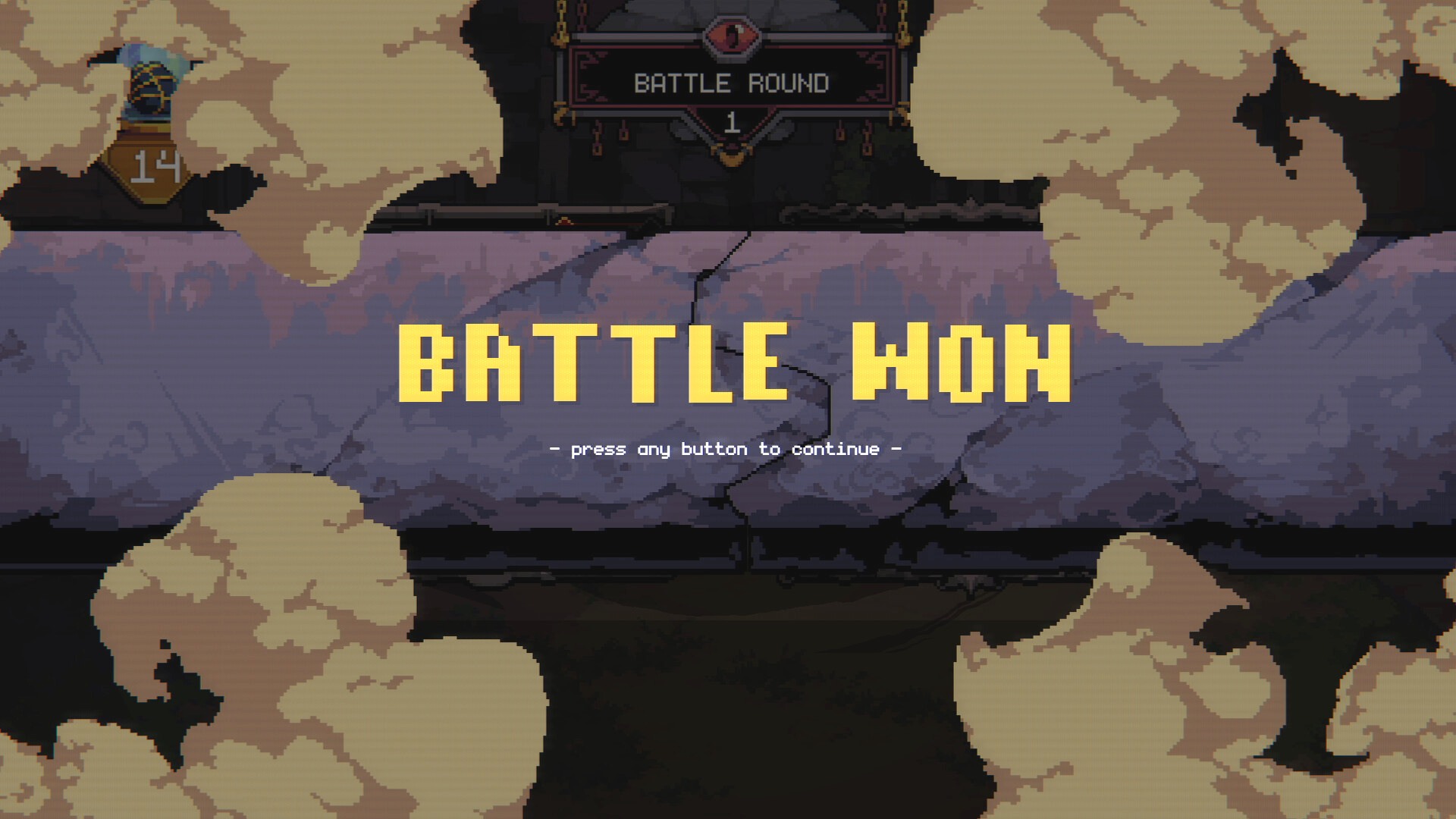 Pixel-art battle won screen showing 'BATTLE WON' with 'press any button to continue' prompt, cracked stone background and foggy battlefield scene.