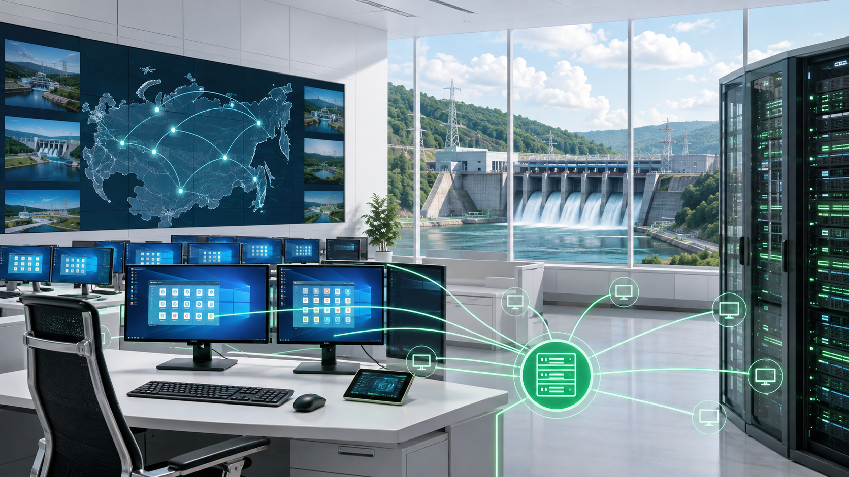 Control room with many monitors showing a world map and glowing network links; a server rack is visible on the right and a dam is seen outside through large windows.