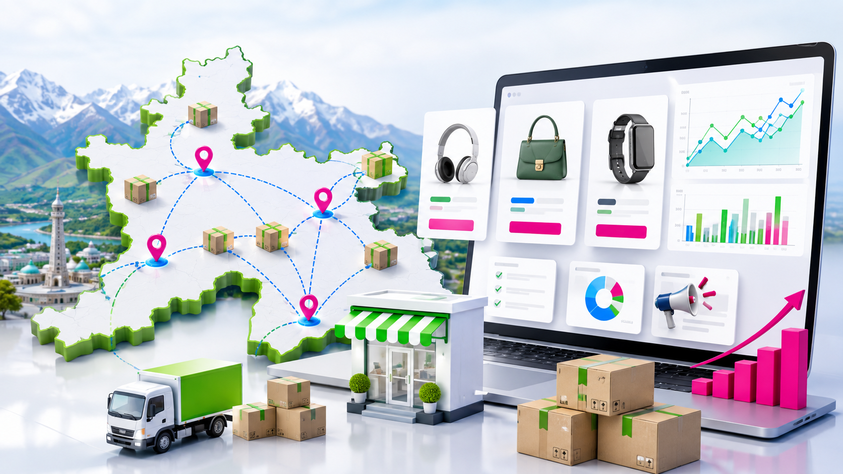 Global shipping map with routes, pink pins, and boxes linked to a storefront and a laptop dashboard.