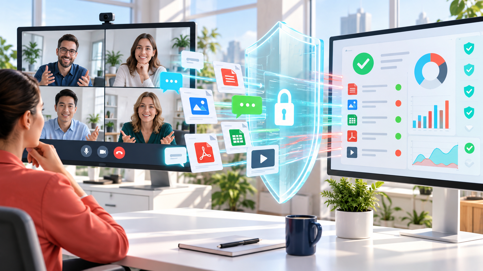 Video conference with four participants on a split-screen monitor, a glowing shield and floating data icons suggesting cyber security and collaboration visuals on a bright desk.