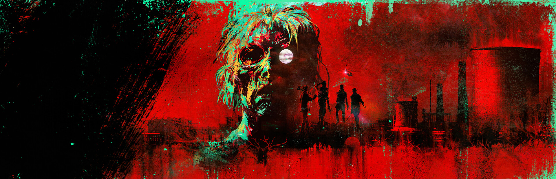 Dystopian illustration with a glowing skull portrait over a red, industrial cityscape and silhouetted figures in the distance.