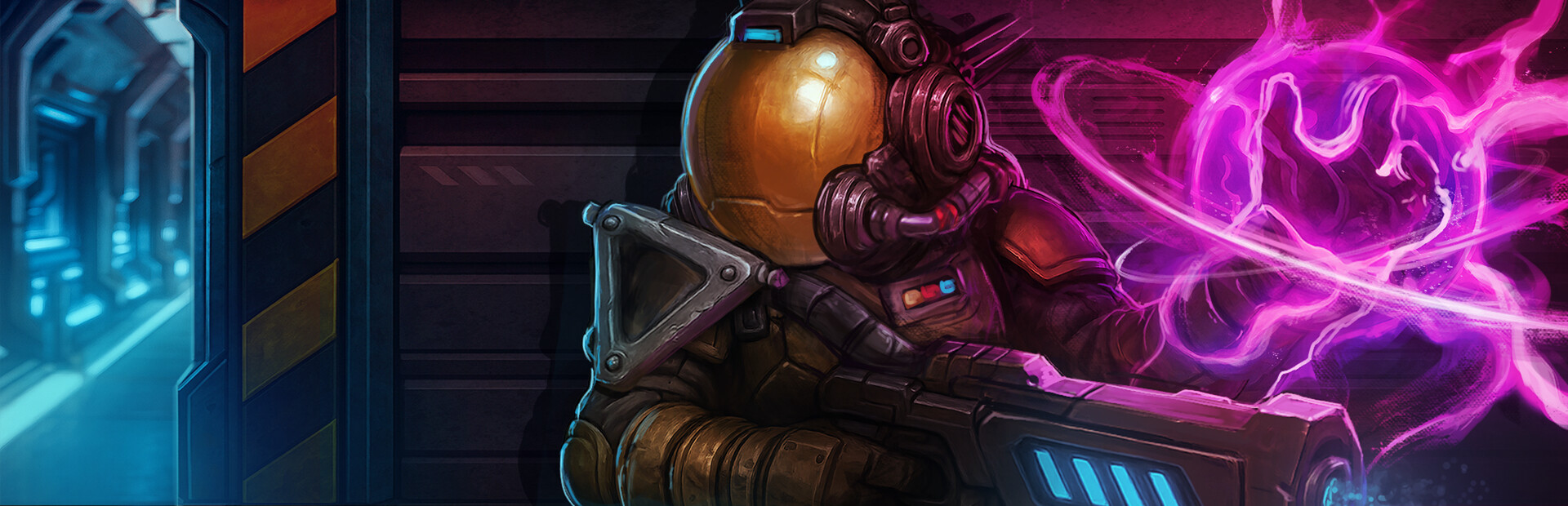 Sci-fi soldier in a gold helmet fires a purple energy beam in a neon-lit high-tech corridor.