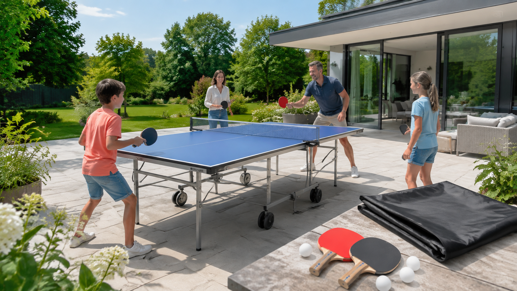 Family members play table tennis on a sunny patio beside a modern house, with kids and adults involved in the game.
