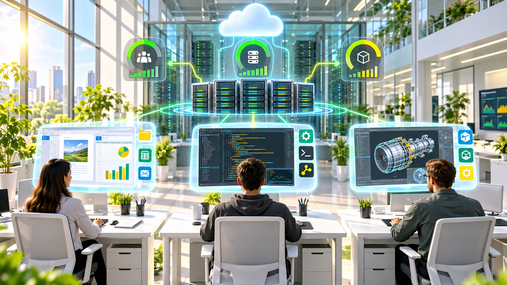 Three coworkers in a bright open office monitor holographic dashboards, code, and a 3D engine model around a server cluster under a glowing cloud icon.