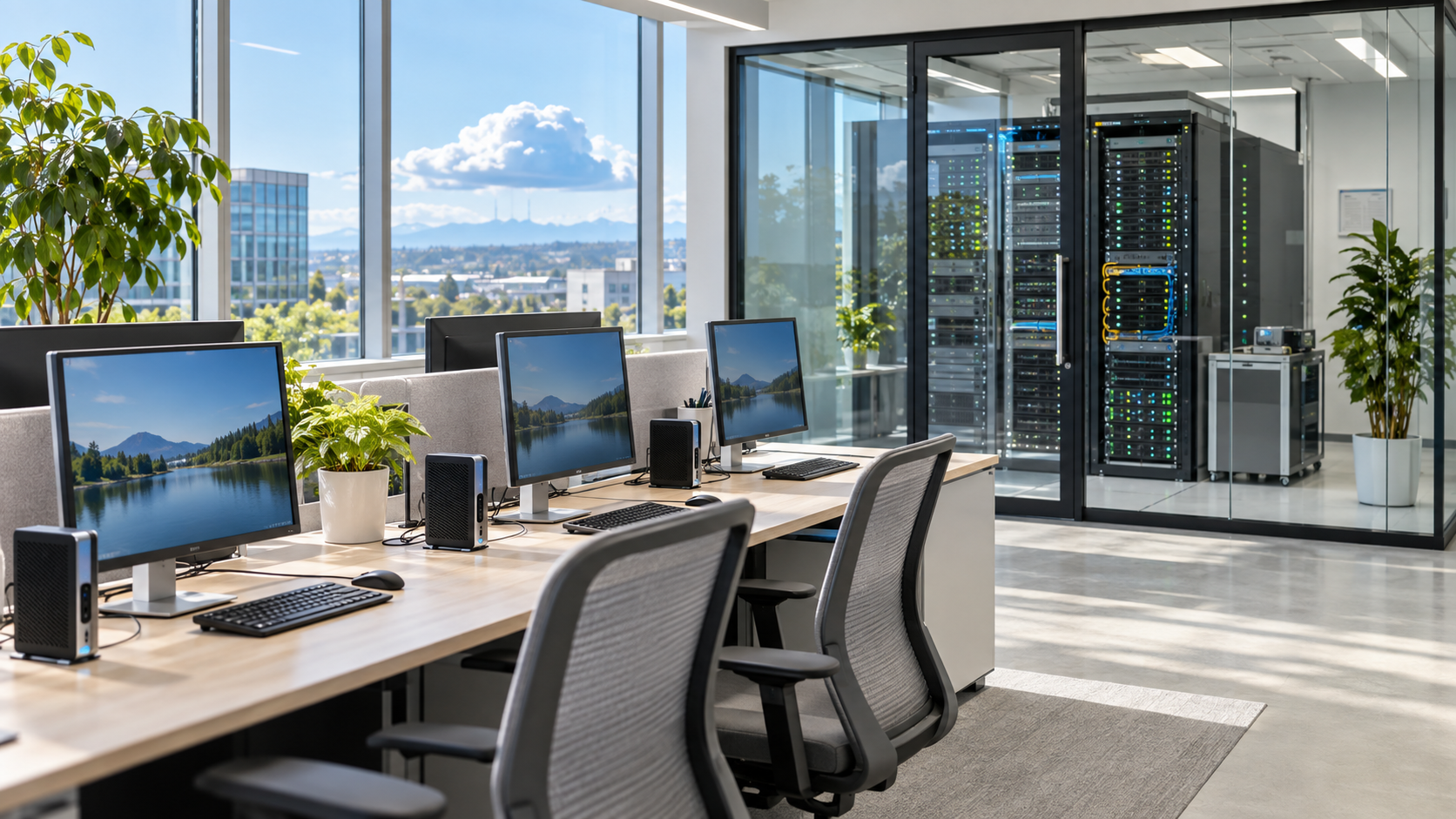 Open-plan office with row of computer workstations facing large windows and a glass-enclosed server room in the background, with plants nearby.