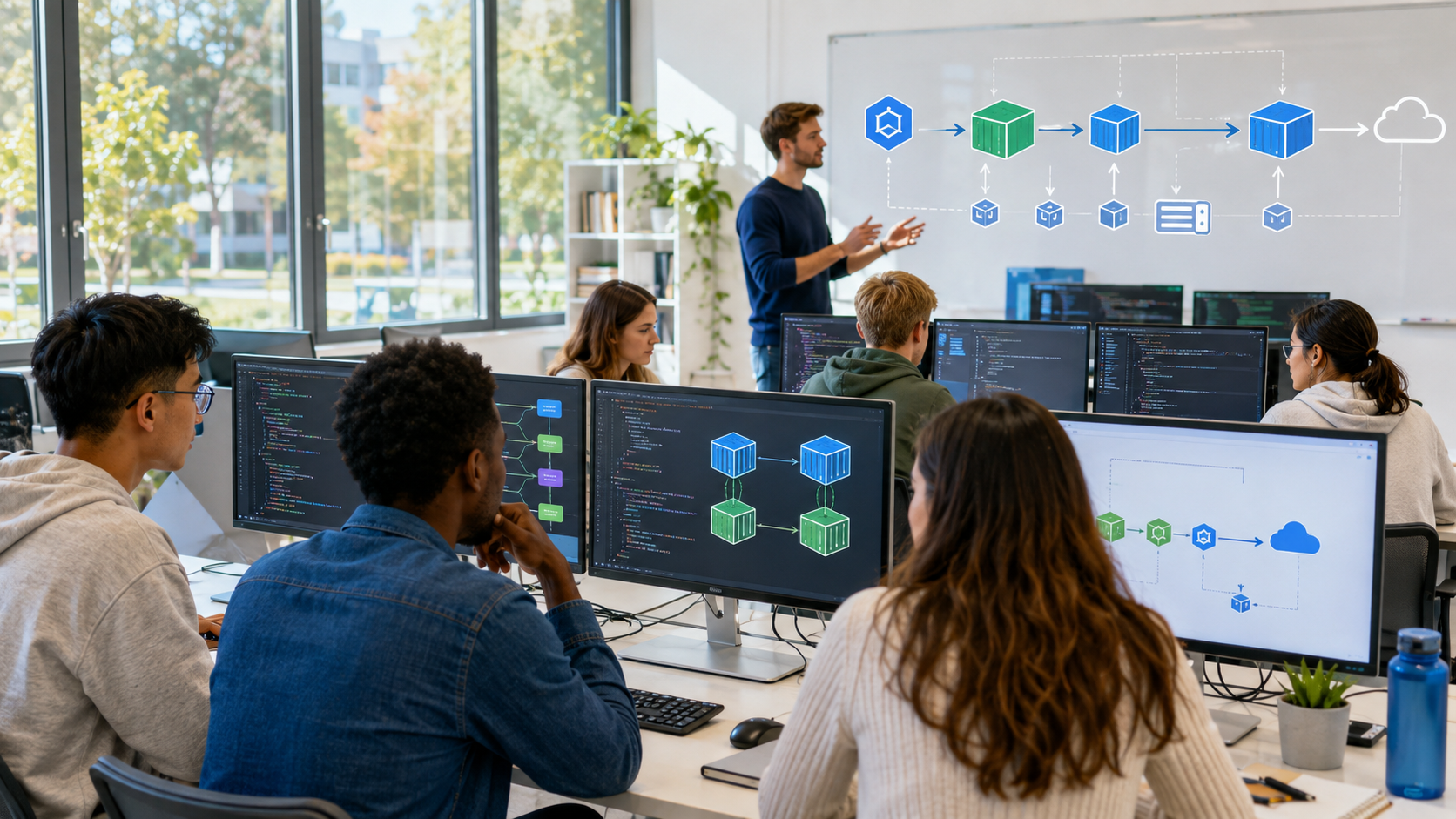 Instructor explains a cloud architecture flow diagram on a whiteboard to students coding at computers in front of them.