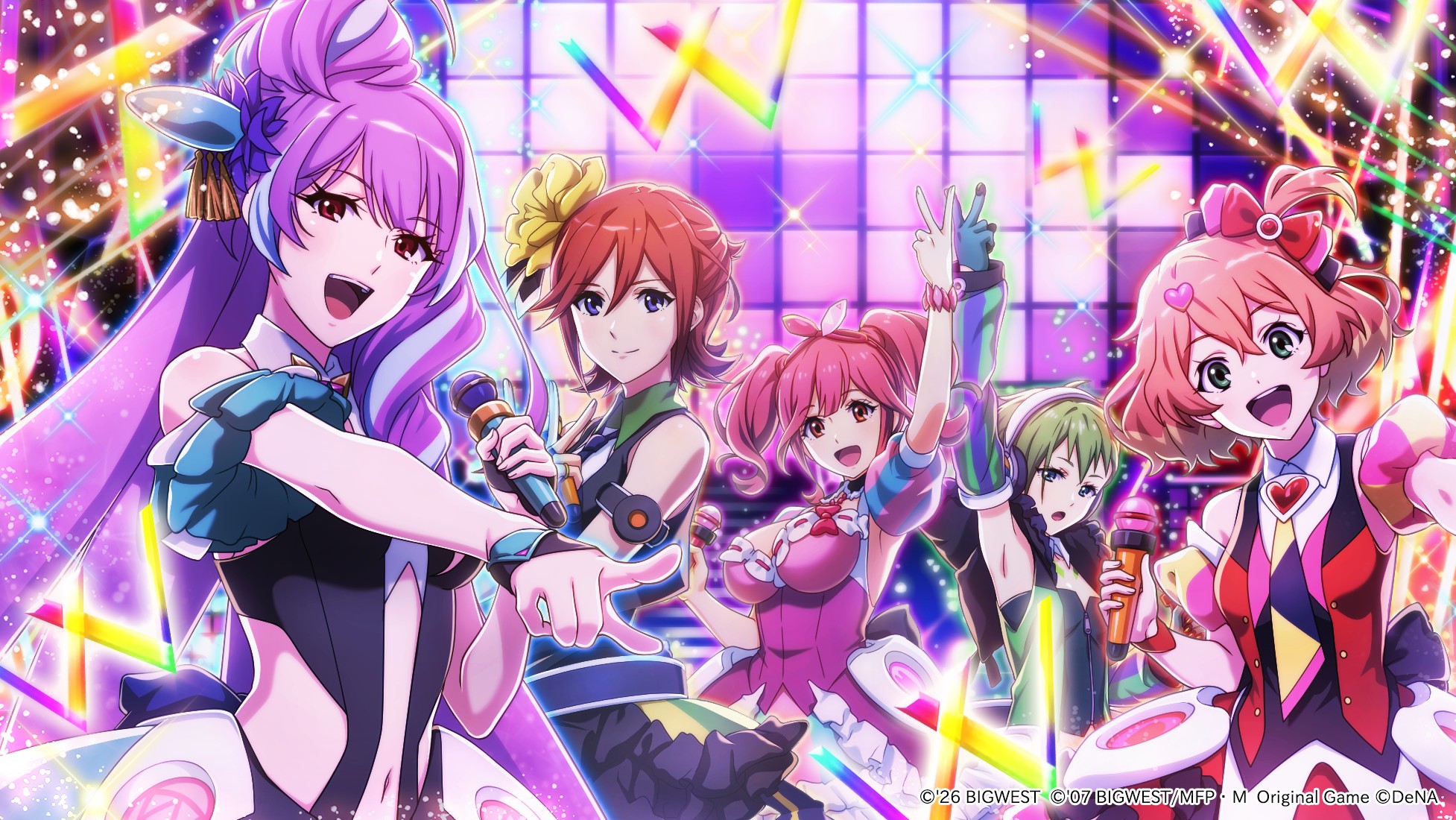 Five anime-style idols perform on a vibrant, neon-lit concert stage with microphones and colorful light effects.