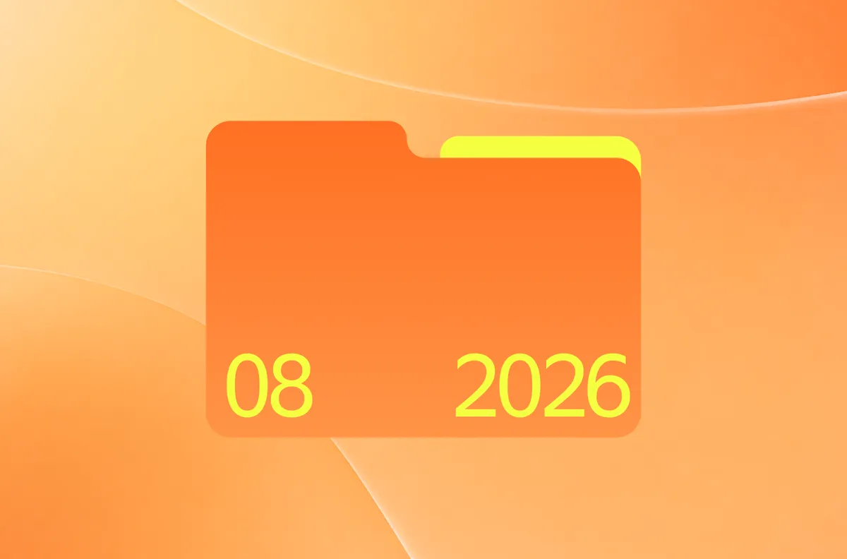 Orange folder icon displaying the numbers '08 2026' on a warm orange gradient background.