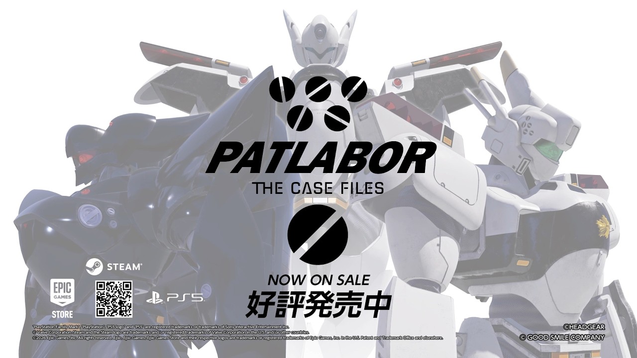 Promotional banner for Patlabor: The Case Files, showing three large robots with the title and 'Now on Sale' text, plus platform logos and a QR code.