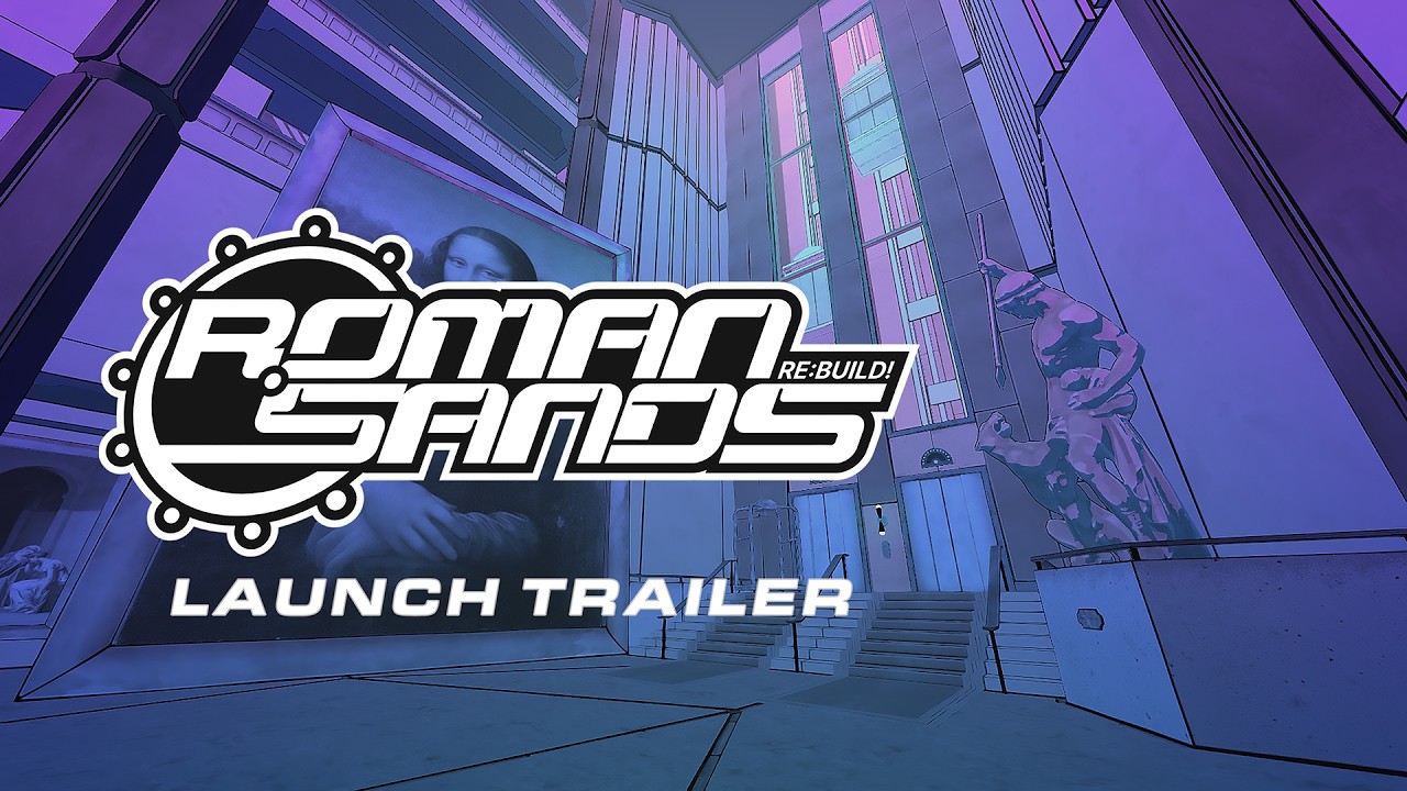 Promotional launch trailer image with a bold, stylized logo and the words 'LAUNCH TRAILER' over a purple-blue futuristic city background; gear-like emblem on the left and 'RE:BUILD!' text in the logo.