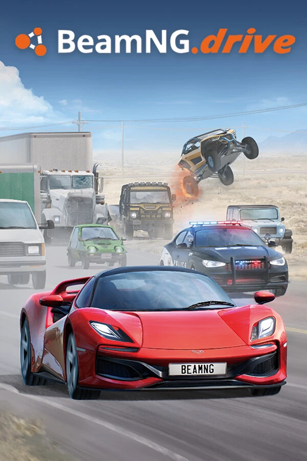 BeamNG.drive cover: a red supercar leads a chase with police, trucks and a buggy flying through the air