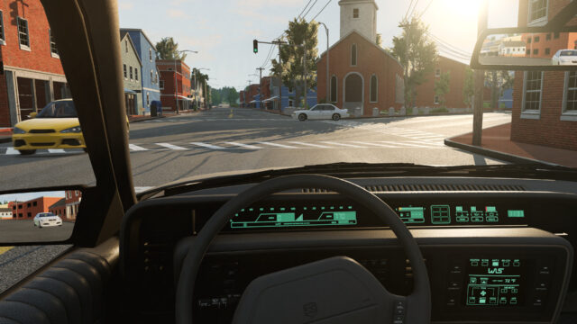 Cockpit view of a 1990s sedan: digital dashboard, steering wheel and a small-town junction with a church