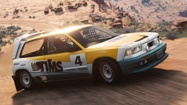 No. 4 rally hatchback in TIMS livery sliding through a dirt corner in the desert