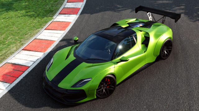 Lime-green supercar with a big rear wing riding the kerb of a race track, seen from above